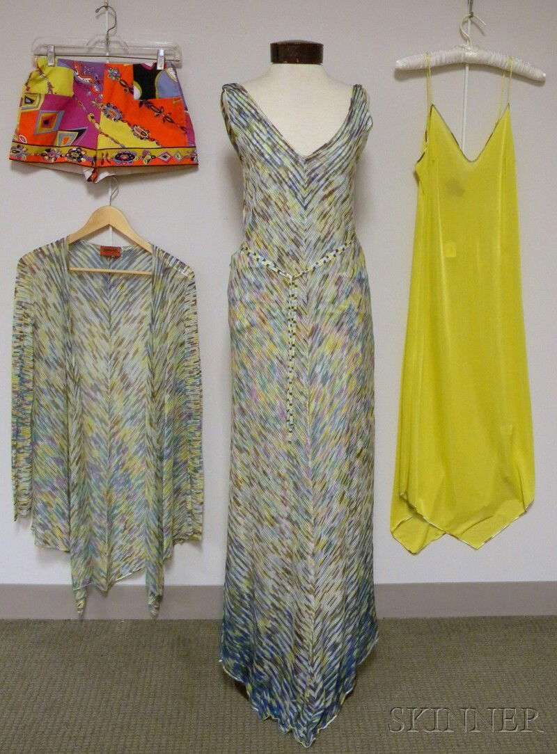 Group of Lady's Missoni and Pucci Clothing, a Miss: Group of Lady's Missoni and Pucci Clothing, a Missoni variegated silk dress and cardigan with chartreuse slip, size 44, and a pair of Pucci hot pants, size 8.