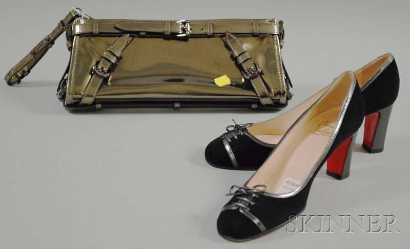 Burberry Gunmetal Patent Leather Clutch and a Pair: Burberry Gunmetal Patent Leather Clutch and a Pair of Christian Louboutin Black Suede Pumps, size 38, in original duster, (wear to soles), clutch ht. 4 1/2, lg. 12 in.