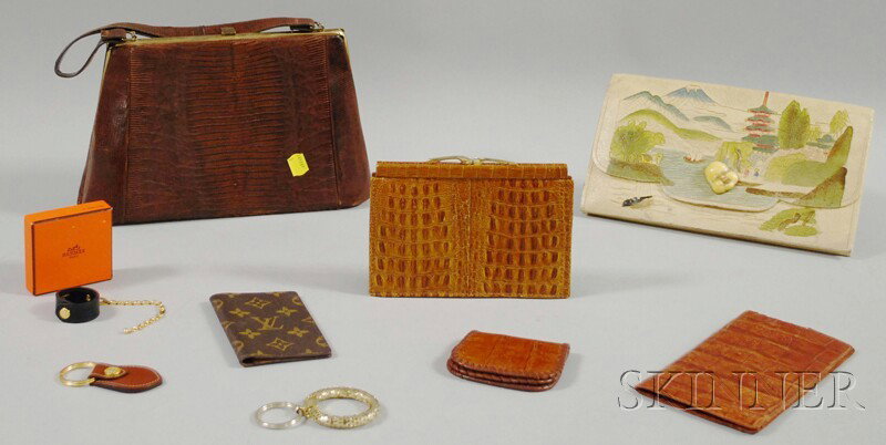 Group of Lady's Accessories, including six handbag: Group of Lady's Accessories, including six handbags and wallets, several alligator, one Louis Vuitton, and three designer key chains, Burberry, Whiting & Davis, and Hermes, boxed.
