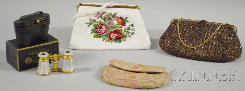 Four Lady's Accessories, three beaded and embroide: Four Lady's Accessories, three beaded and embroidered purses, two French, (some staining and minor bead loss), and a boxed pair of Lemaire Paris mother-of-pearl opera glasses in fitted leather case.