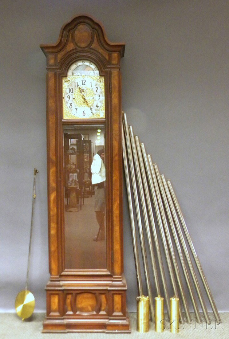 Herschede Quarter-chiming Floor Clock, with brass : Herschede Quarter-chiming Floor Clock, with brass Arabic numeral dial, moon's age dial, eight-day quarter-chiming movement, three weights and pendulum, ht. 86 in.