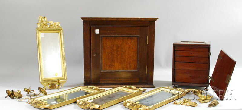 Set of Four Rococo-style Mirrored Carved Giltwood : Set of Four Rococo-style Mirrored Carved Giltwood and Brass Candle Wall Sconces, a Fruitwood Collector's Cabinet, and a Birchwood Cabinet, the fruitwood cabinet fitted with five drawers, (sconces dama