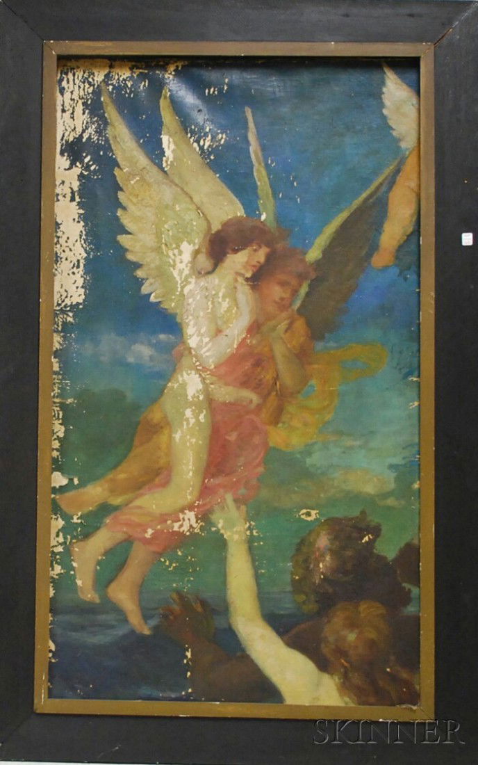 Gino Emilio Cesara Conti (American, 1900-1983) Oil: Gino Emilio Cesara Conti (American, 1900-1983) Oil on Canvas Allegorical Scene, unsigned, framed, (flaking, losses, holes), 60 x 34 in.