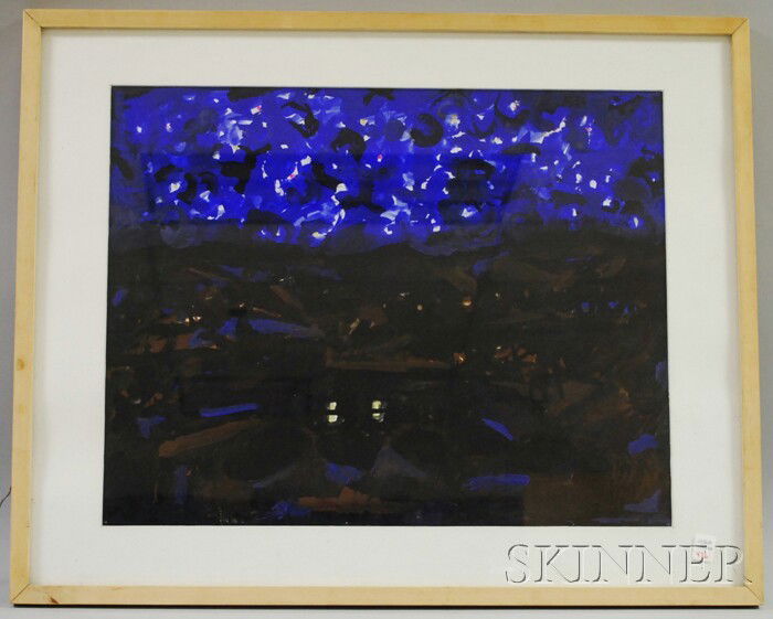 American School, 20th Century Night Scene. Unsigne: American School, 20th Century Night Scene. Unsigned. Tempera on paper, sight size 18 1/2 x 23 1/4 in., framed. Condition: Not examined out of frame.