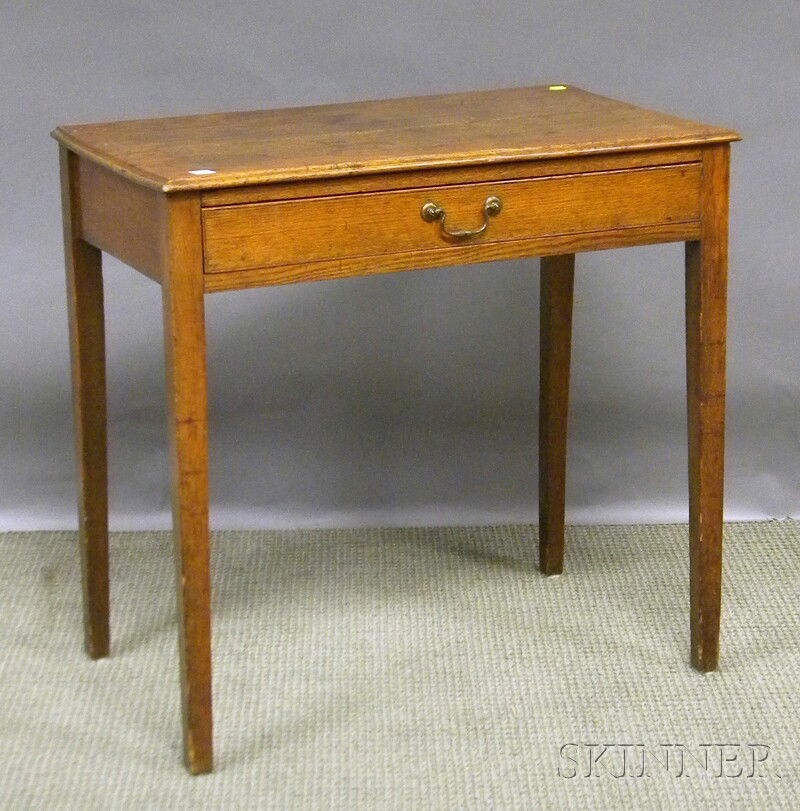 George III Oak Side Table with Drawer.: George III Oak Side Table with Drawer, (top crack, finish wear, imperfections)