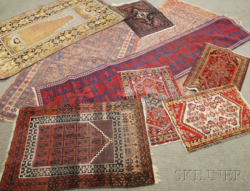 Nine Oriental Rugs, 20th century, a Kurd, 7 ft. 2: Nine Oriental Rugs, 20th century, a Kurd, 7 ft. 2 in. x 4 ft.; a Mahal, 6 ft. 9 in. x 4 ft.; a Turkish prayer, 6 ft. x 3 ft. 9 in.; a Turkish runner, 9 ft. 8 in. x 2 ft.; an Afghan baluch prayer, 4 ft
