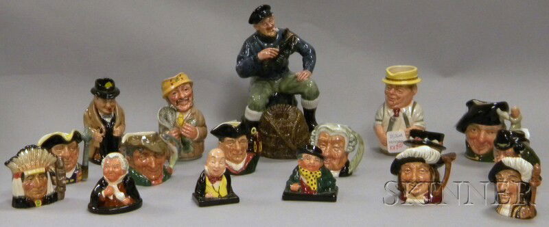 Seventeen Assorted Royal Doulton Ceramic Characte: Seventeen Assorted Royal Doulton Ceramic Character Jugs, Busts, Tobys, and a Figure, jugs Poacher D 6515, Lawyer D 6524, Tam o'Shanter D 6640, Guardsman, Walrus and Carpenter D 6608, Night Watchman, B