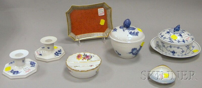 Seven Assorted Royal Copenhagen and Bing & Gronda: Seven Assorted Royal Copenhagen and Bing & Grondahl Ceramic Table Items, a Royal Copenhagen pair of candleholders, a covered sugar, small divided dish, and crackle glazed stoneware tray, a Bing & Gron