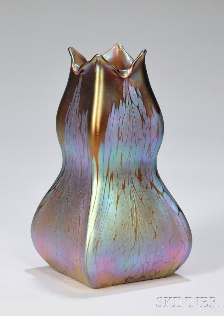 Loetz Art Nouveau Iridescent Four-sided Art Glass: Loetz Art Nouveau Iridescent Four-sided Art Glass Vase, polished pontil, (good condition, unobtrusive "flea bite" at one side), ht. 10 1/4 in.