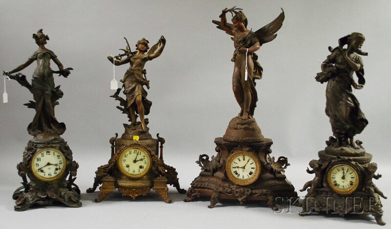 Four Ansonia Statuary Clocks, Brooklyn, New York,: Four Ansonia Statuary Clocks, Brooklyn, New York, all with spelter cases and allegorical figures, Arabic and Roman numeral enameled dials and eight-day time and strike movements, (all with finish worn