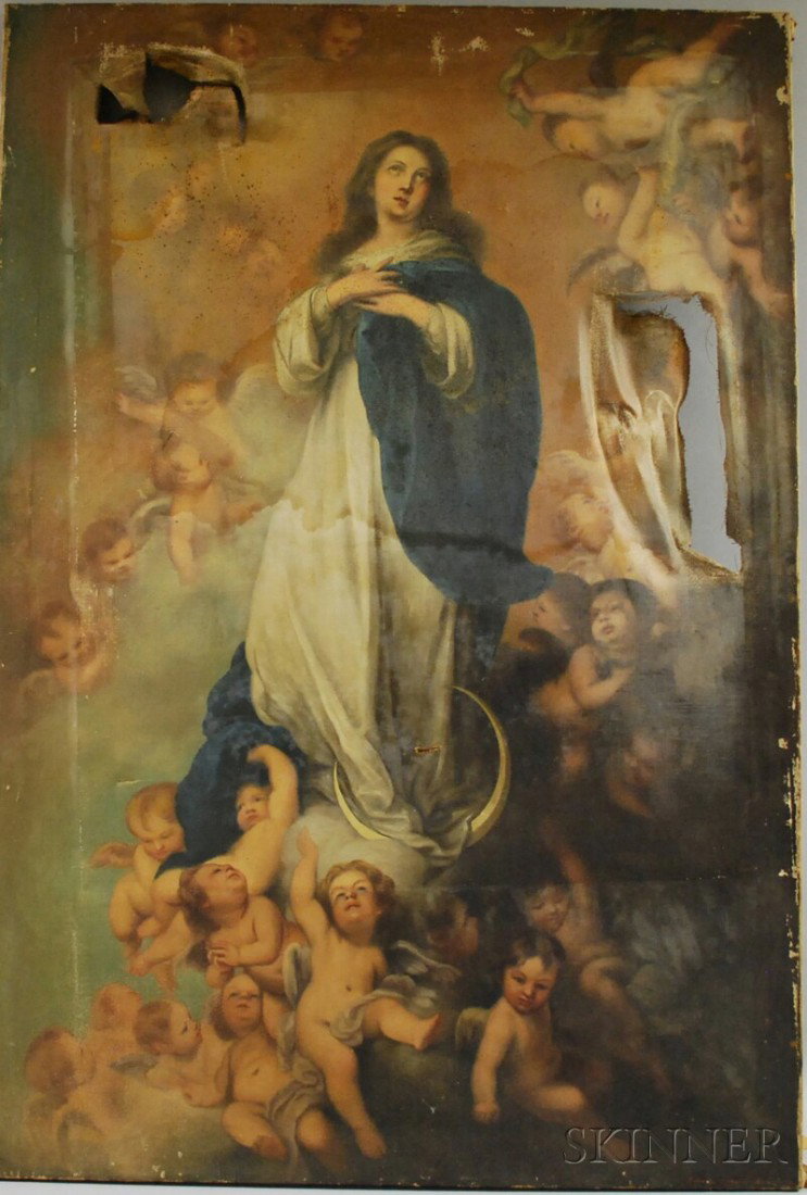 20th Century Continental School Oil on Canvas Imm: 20th Century Continental School Oil on Canvas Immaculate, after B.E. Murillo, unsigned, unframed, (tears, losses, soiling), 42 1/4 x 29 in.