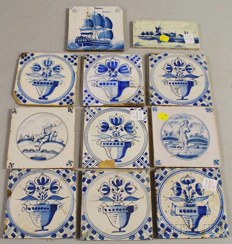 Ten Delft Blue and White Pottery Tiles and a Smal: Ten Delft Blue and White Pottery Tiles and a Small Dutch Landscape-decorated Tile, the ten 5 1/8 x 5 1/8 in.