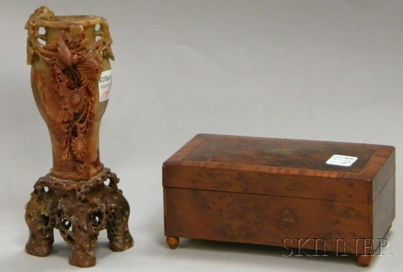 Chinese Carved Soapstone Figural Vase and Stand : Chinese Carved Soapstone Figural Vase and Stand and an Inlaid Burlwood Veneer Music Box, ht. 9, and ht. 3 1/2, lg. 7 1/2 in., respectively.