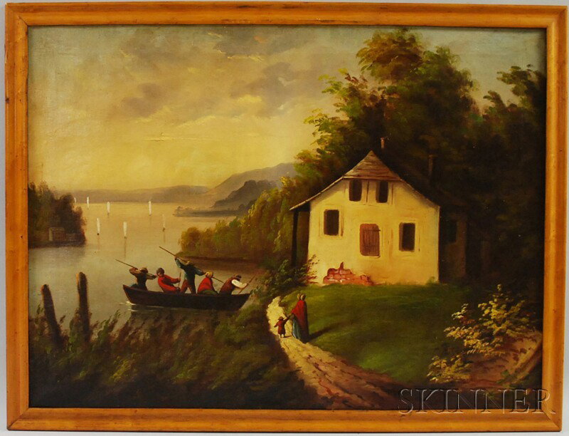 Continental School, 19th/20th Century Picking up : Continental School, 19th/20th Century Picking up Passengers on a Riverbank. Oil on canvas, 23 x 31 in., framed. Condition: Rippling to canvas, patch reinforcements, craquelure.
