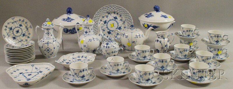 Forty-six Pieces of Royal Copenhagen Blue and Whi: Forty-six Pieces of Royal Copenhagen Blue and White-decorated Porcelain Tableware, (good condition, one coffeepot with spout chip, teapot with spout nick).