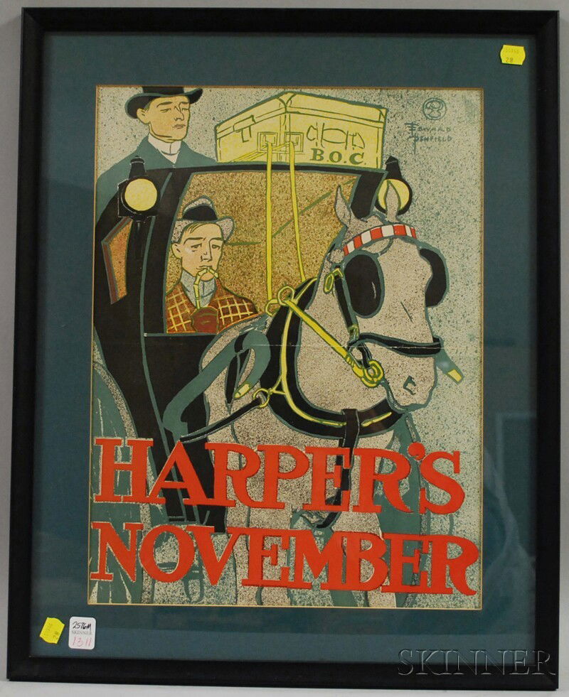 Edward Penfield (American, 1866-1925) Harper's No: Edward Penfield (American, 1866-1925) Harper's November Inscribed within the matrix u.r. Color lithograph on paper, sight size 17 3/4 x 13 1/4 in., framed. Condition: Crease and partial tear at center