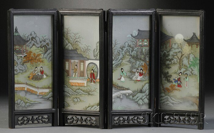 Small Painted Glass Folding Table Screen, China, : Small Painted Glass Folding Table Screen, China, the four-panel folding table screen painted in colors on glass with a scene of elegant ladies in a garden on each panel, wood frame, ht. 11, lg. 19 1/2