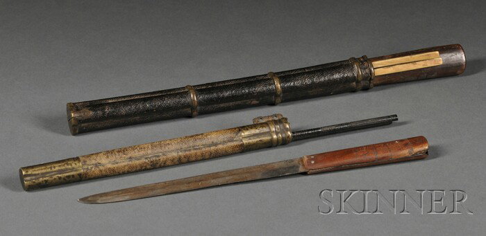 Two Trousses, China, 19th century, snakeskin and : Two Trousses, China, 19th century, snakeskin and leather cases, each contains a cutting knife and a pair of chopsticks, lg. 14 3/4, 12 1/4 in.