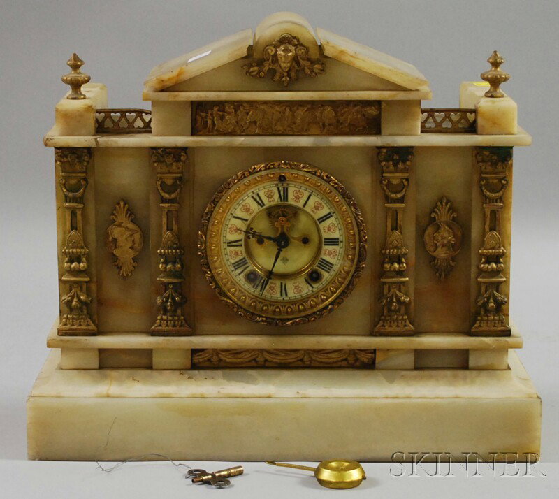 Ansonia White Onyx Mantel Clock, with Roman numer: Ansonia White Onyx Mantel Clock, with Roman numeral dial, eight-day time and strike movement with exposed escapement, (top crack, base corner nicks), ht. 15 in.