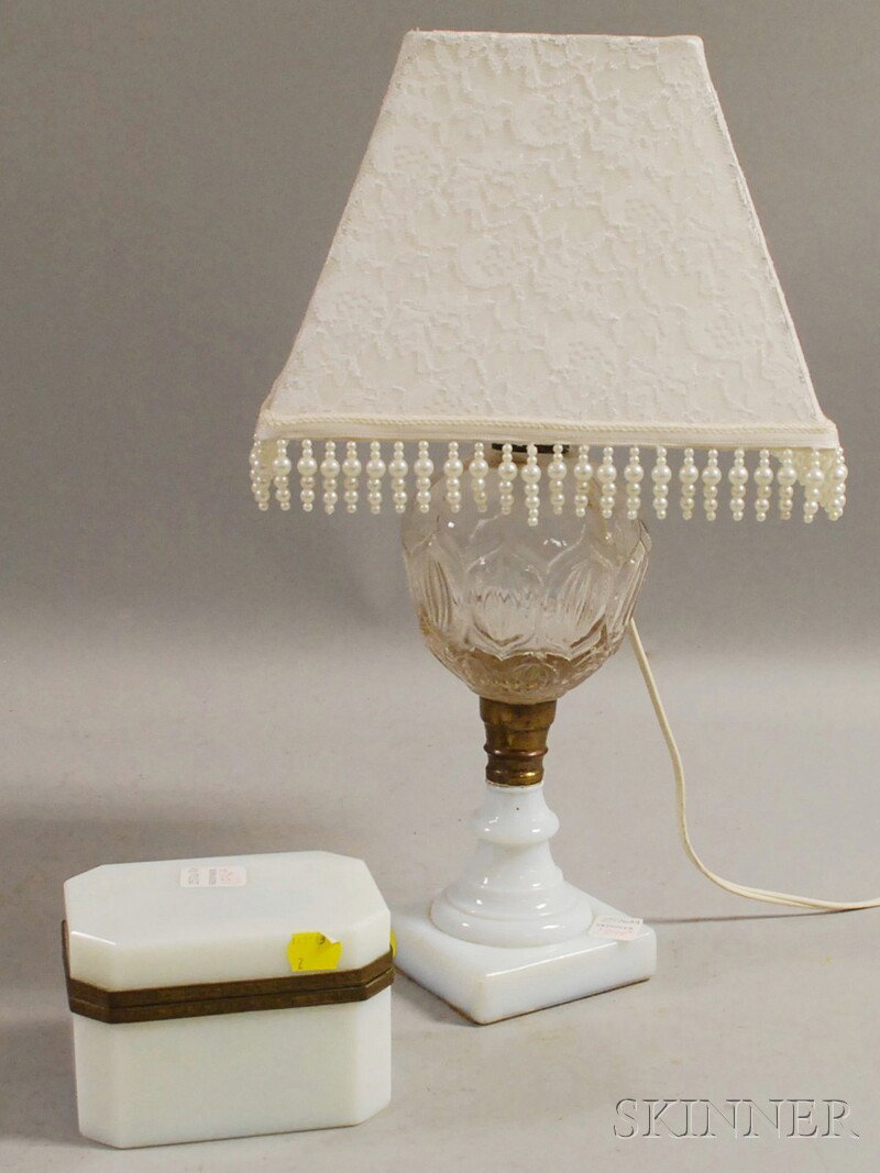 Opaline Glass Lidded Box and a Colorless and Opal: Opaline Glass Lidded Box and a Colorless and Opaline Molded Glass Oil Lamp, (the lamp electrified, lamp with base foot chip).