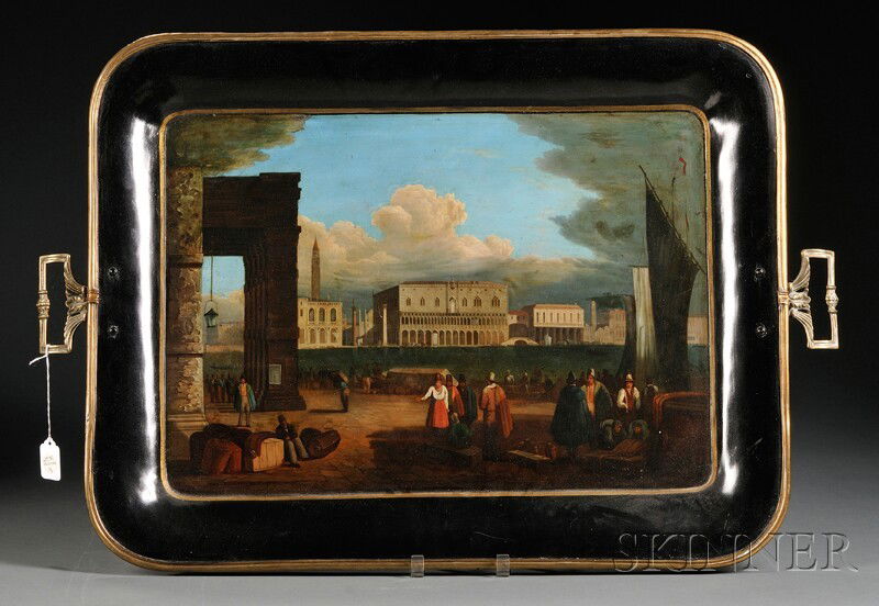 Large Painted Black Tray with Venetian Scene, with b: Large Painted Black Tray with Venetian Scene, with brass mounting and handles, 22 x 28 1/2 in.