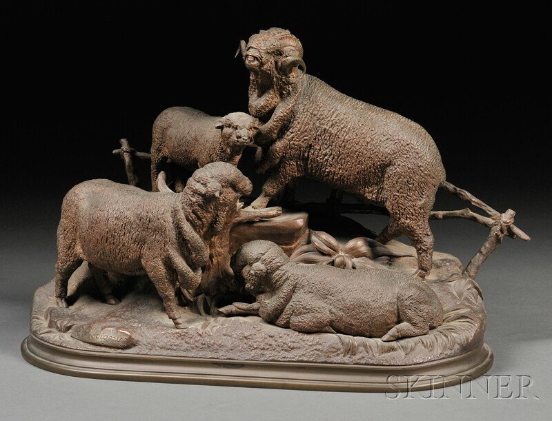 Jules Moigniez (French, 1835-1894), Bronze Figure o: Jules Moigniez (French, 1835-1894), Bronze Figure of a Group of Merino Sheep, modeled as a ram standing on a rocky outcrop before a twig fence, with a lamb and two ewes below him, naturalistic ovoid b