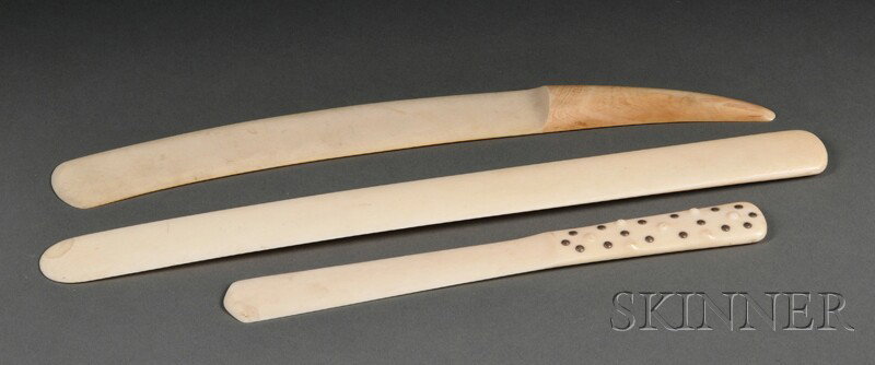 Three Ivory Page Turners, one with hobnail handle, : Three Ivory Page Turners, one with hobnail handle, lg. 10 1/8; one curved with un-carved handle, lg. 13 7/8; the third straight and flat, lg. 14 7/8 in.