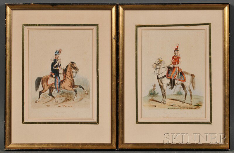 Continental School, 19th Century Lot of Two Waterco: Continental School, 19th Century Lot of Two Watercolors of French Cavalry Officers: France Garde Imp?riale 1864 and Garde mobile ? cheval - France 1848 Unsigned, titled in ink