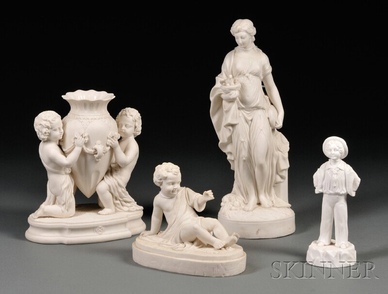Four Parian Figures, England/France, late 19th cent: Four Parian Figures, England/France, late 19th century, unmarked, comprising a figure of a classical maiden with nest of birds, ht. 15, a recumbent cherub, ht. 6 7/8, a figural group of two kneeling c
