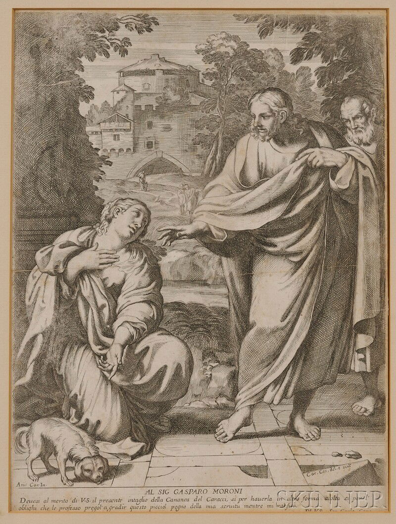Carlo Cesio (Italian, 1626-1686), After Annibale C: Carlo Cesio (Italian, 1626-1686), After Annibale Carracci Christ and the Woman of Samaria, Signed "Car. Ces del.e scul" in the plate l.r.. Etching on paper, sight size 13