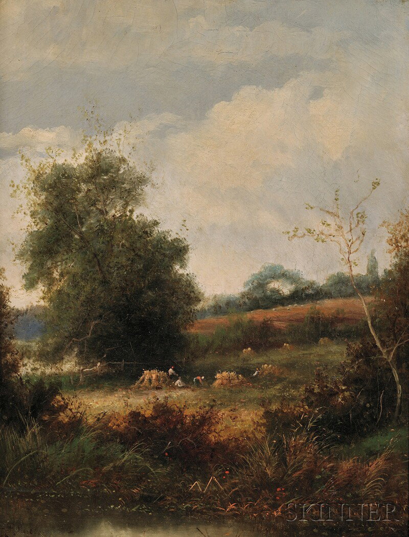 Attributed to L?on Germain Pelouse (French, 1838-1: Attributed to L?on Germain Pelouse (French, 1838-1891) Landscape with Peasants at Harvest Signed indistinctly l.l., identified on a handwritten label affixed to the back of the frame. Oil on canvas, 1