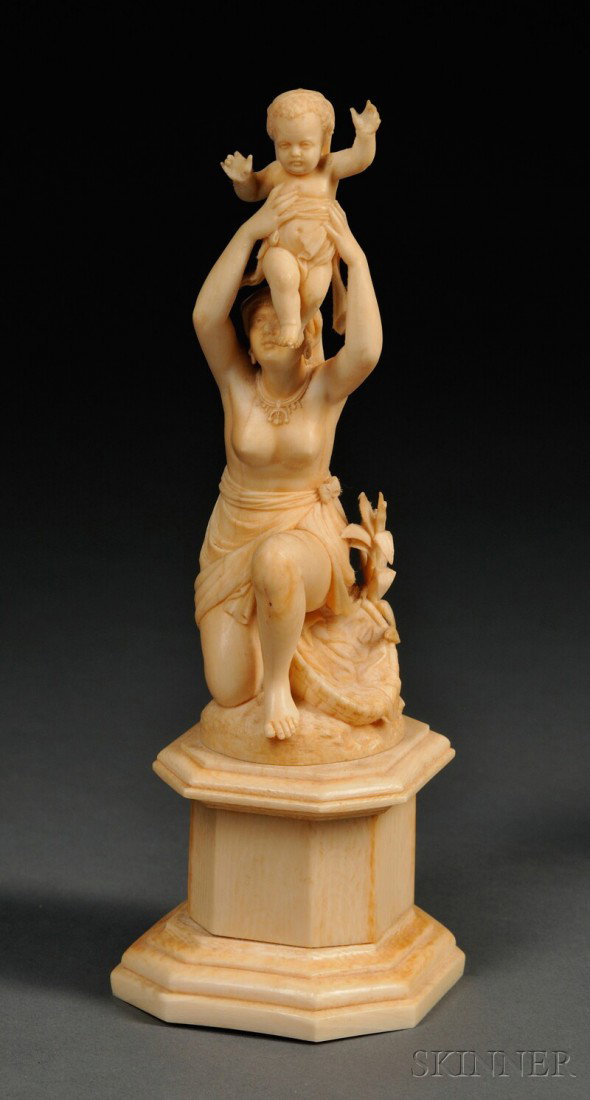 Ivory Carving of the Finding of Moses, with the Ph: Ivory Carving of the Finding of Moses, with the Pharaoh's daughter on one knee, holding the baby overhead, the basket to her side, on rectangular pedestal with canted corners, ht. 7 7/8 in.