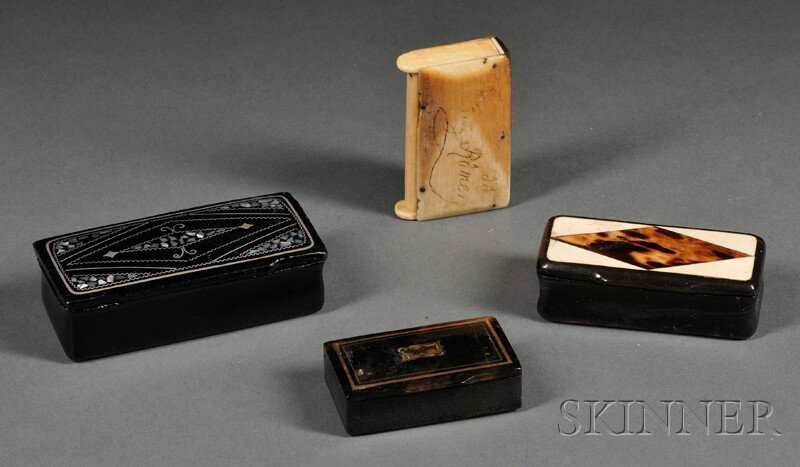 Four Small Ivory, Shell, and Papier-mache Items, t: Four Small Ivory, Shell, and Papier-mache Items, three rectangular snuff boxes: a tortoiseshell with gilt-metal inlay to lid, lg. 2 1/4; tortoiseshell with ivory inlay to lid, lg. 2 3/4; and a papier-
