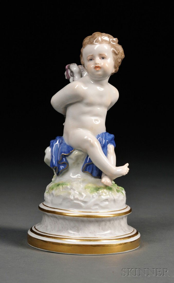 Meissen Porcelain Cherub Figure, Dresden, the seat: Meissen Porcelain Cherub Figure, Dresden, the seated figure with wings and hands bound, on circular marbleized base, with first quality crossed swords mark, ht. 6 3/4 in.