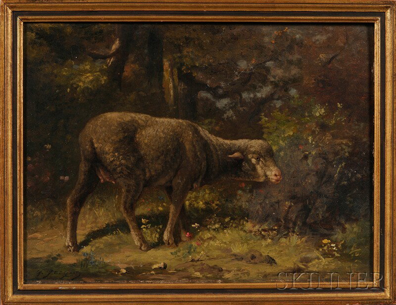 Charles ?mile Jacque (French, 1813-1894) Sheep in: Charles ?mile Jacque (French, 1813-1894) Sheep in a Forest Landscape Signed "ch Jacque" l.l. Oil on panel, 11 7/8 x 16 in., framed. Condition: Scattered minor abrasions, surface grime.