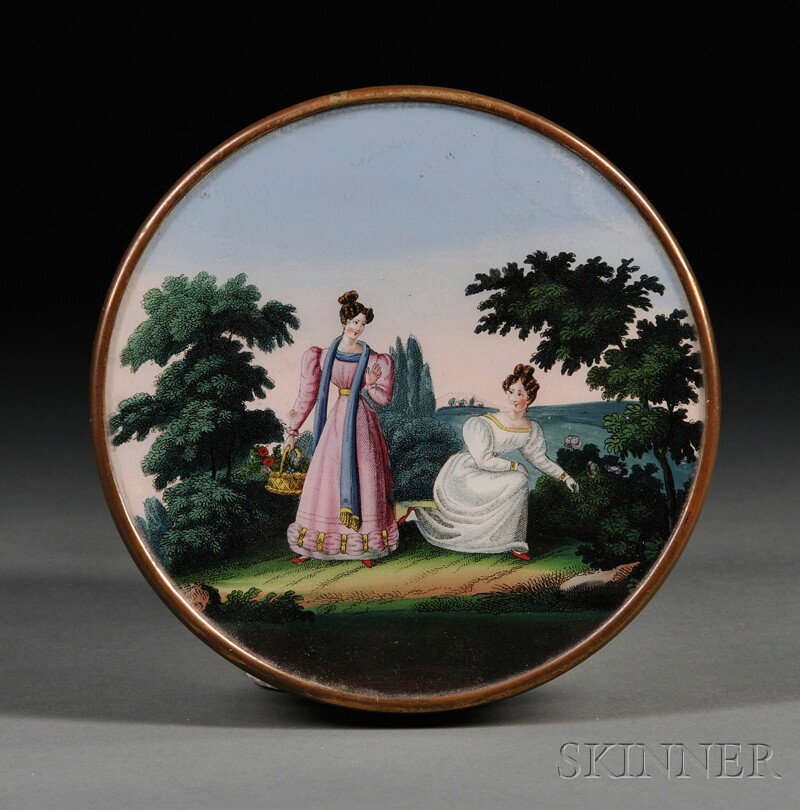 Continental Print-mounted Brass and Paper Box, mid: Continental Print-mounted Brass and Paper Box, mid-19th century, possibly a confectionary or sewing box, round, the glass lid reverse-mounted with a painted print depicting two ladies picking flowers,
