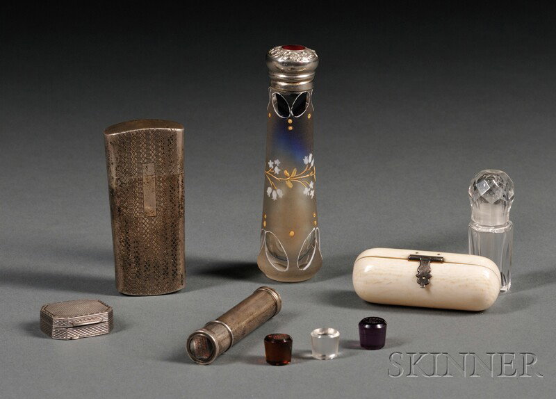 Group of Five Small Lady's Articles, 19th century,: Group of Five Small Lady's Articles, 19th century, a frosted and cut colorless glass perfume flask enclosing cobalt blue and mercury silver flashing, the silvered lid with red enamel roundel, the body