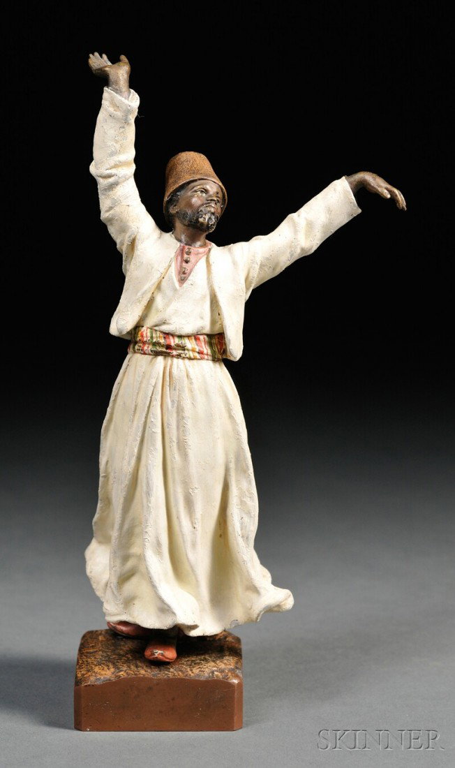 Franz Bergman Cold-painted Bronze Figure of a Derv: Franz Bergman Cold-painted Bronze Figure of a Dervish, Austria, the standing figure in white robes, with arms extended overhead, with stamped number and B within vase mark, on square base, figure ht. 