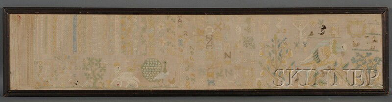 Framed Cross-stitched Band Sampler, likely Contine: Framed Cross-stitched Band Sampler, likely Continental, 18th century, rectangular, stitched with number and alphabet bands, geometric and vine bands, religious motifs, small animals, and a peacock and