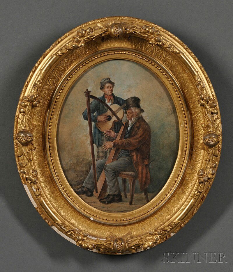 German/American School, 19th Century Two Musicians: German/American School, 19th Century Two Musicians Unsigned. Watercolor on paperboard, 10 x 7 7/8 in., framed. Condition: Trimmed to an oval format, mounted to paperboard.