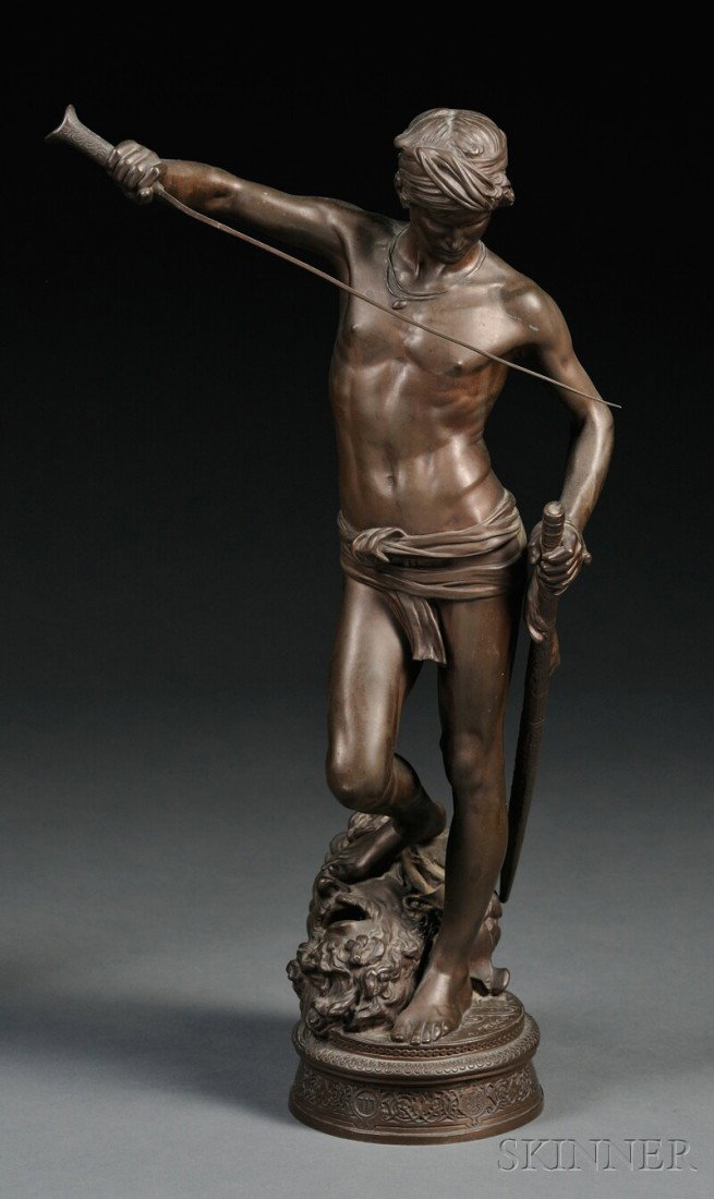 After Marius Jean Antonin Mercie (French, 1845-191: After Marius Jean Antonin Mercie (French, 1845-1916) David with the Head of Goliath, with medium brown patina, top of base incised "A. MERCIE," side of base inscribed "875 F BARBEDIENNE. Fondeur Paris