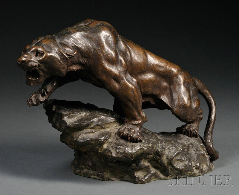 Bronze Figure of a Panther, France, 19th century, : Bronze Figure of a Panther, France, 19th century, the medium-brown cat bearing its teeth, on rocky base with verdigris patina, incised signature T. Cartier, ht. 11 1/2, approx. lg. 16 in.