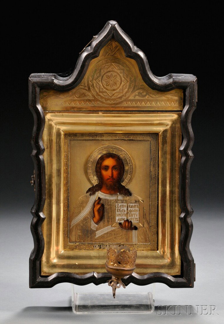 Russian Icon of Christ Pantocrator, with painted f: Russian Icon of Christ Pantocrator, with painted face and hands and hallmarked gilt riza, housed in a peaked shadow box with hinged door and candlecup, icon 7 1/8 x 5 3/4 in.