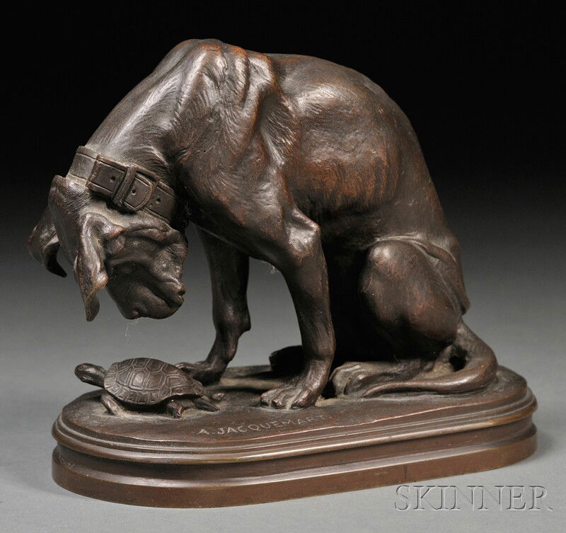 Henri-Alfred-Marie Jacquemart (French, 1824-1896),: Henri-Alfred-Marie Jacquemart (French, 1824-1896), Bronze Figure of a Hound Regarding a Turtle, the dog sitting on its haunches, peering inquisitively at a turtle walking near him, on oval base with m