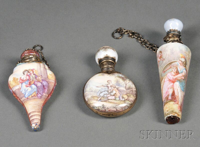 Three Small Continental Silver-mounted Enamel Scen: Three Small Continental Silver-mounted Enamel Scent Flasks, 19th century, one a tapered cylindrical-form, painted with a scene of a goddess protecting a maiden from Cupid's arrow, lg. 4, a flattened o
