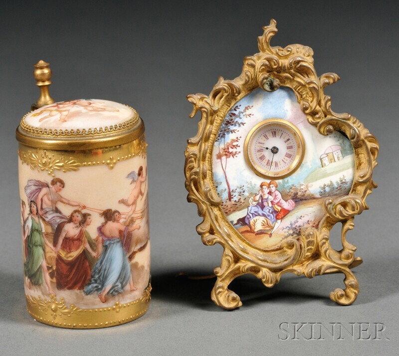 Two Miniature Continental Articles, late 19th/earl: Two Miniature Continental Articles, late 19th/early 20th century, a porcelain tankard marked Dresden, decorated in the Viennese style with a scene of Helios in his chariot, with gilt-metal lid mounts,