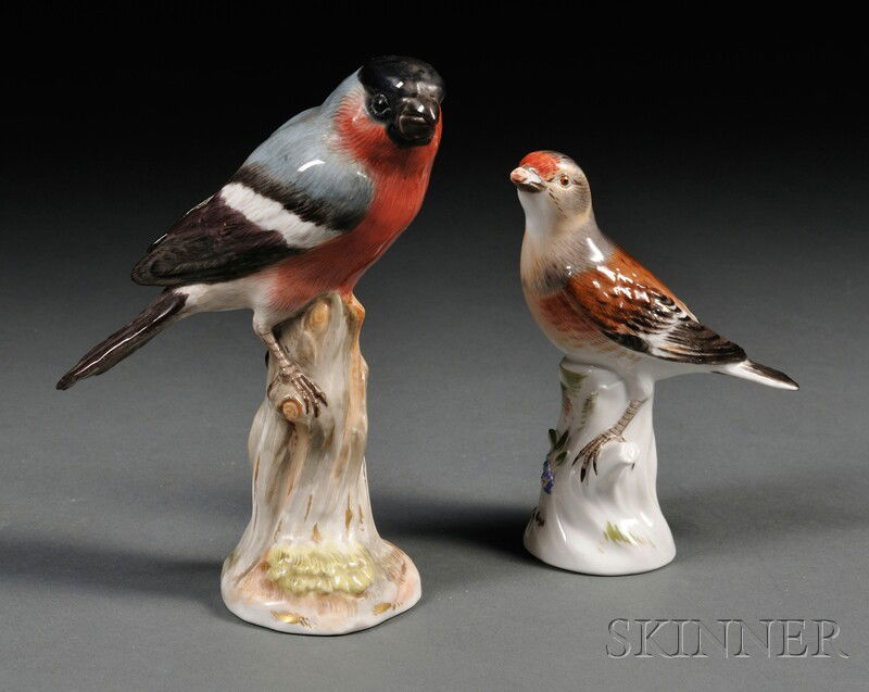 Two Meissen Porcelain Bird Figures, each polychrom: Two Meissen Porcelain Bird Figures, each polychrome enameled and seated on a tree stump, with first quality crossed swords mark, ht. to 5 5/8 in.