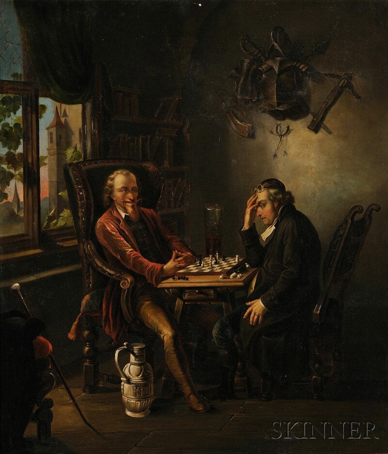 Continental School, 19th Century The Chess Game Un: Continental School, 19th Century The Chess Game Unsigned, with a label fragment on the stretcher. Oil on canvas, 22 1/2 x 19 1/2 in., framed. Condition: Lined, retouch, minor surface grime.