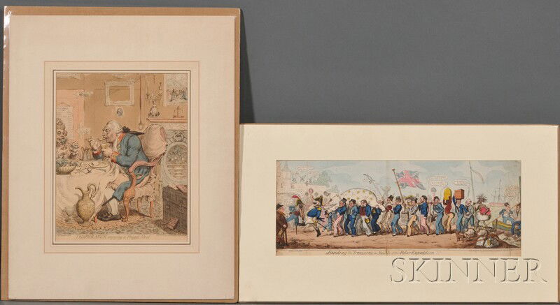 Two British Satirical Hand-colored Engravings, one: Two British Satirical Hand-colored Engravings, one by James Gillray (1757û1815), titled "TEMPERANCE enjoying a Frugal Meal," depicting King George III and Queen Charlotte dining, matted, sight size 1