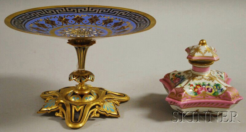 Old Paris Porcelain Perfume Bottle and Enameled Bron: Old Paris Porcelain Perfume Bottle and Enameled Bronze Compote, the early 19th century squat shaped bottle with four hand-painted flower sprays and pink and gilt decoration, with stopper, overglazed b